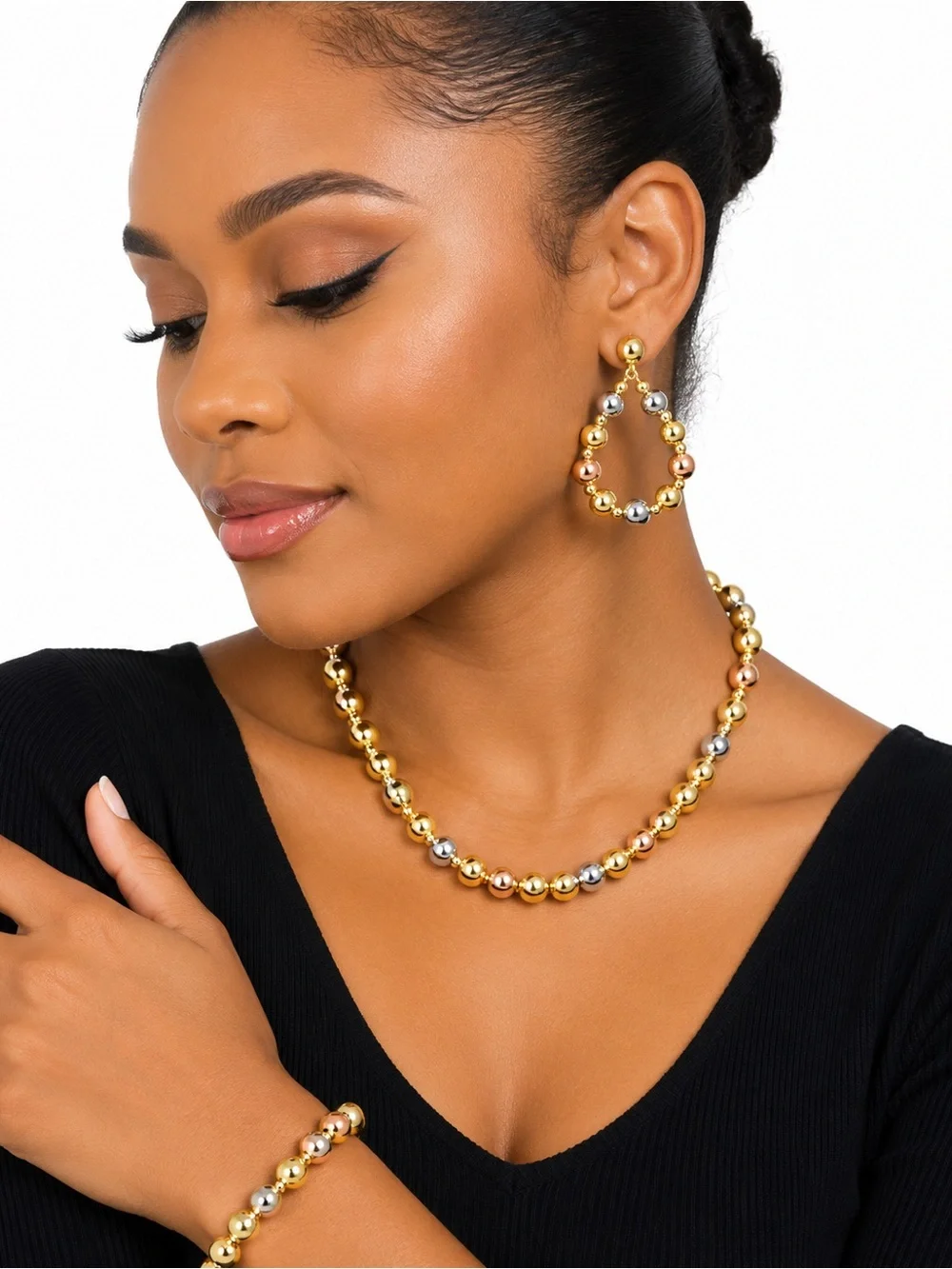 Tri-Color Metallic Beaded Necklace, Bracelet & Earring Set